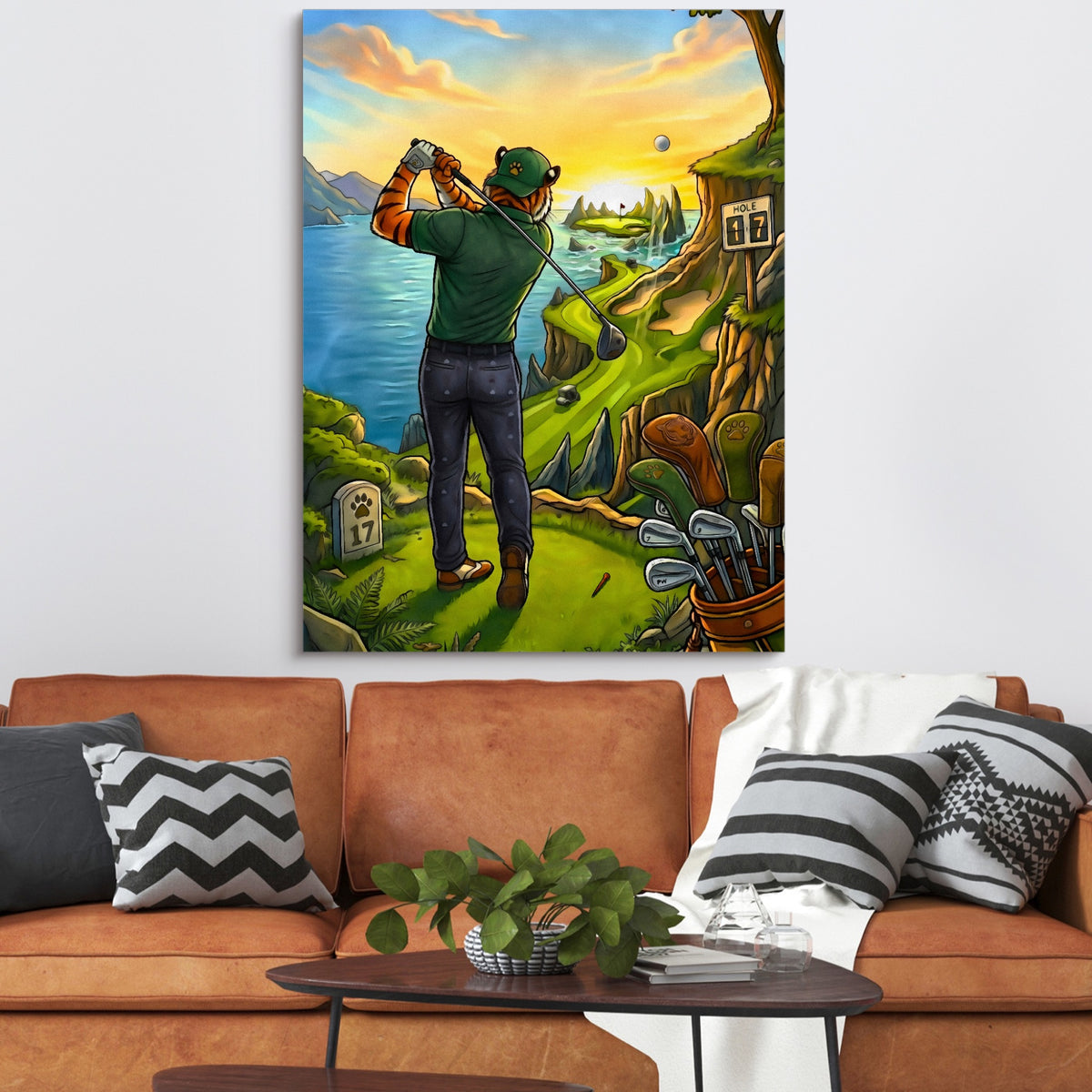 Tiger Golfing — tiger golfing sq orange couch 1port flush print