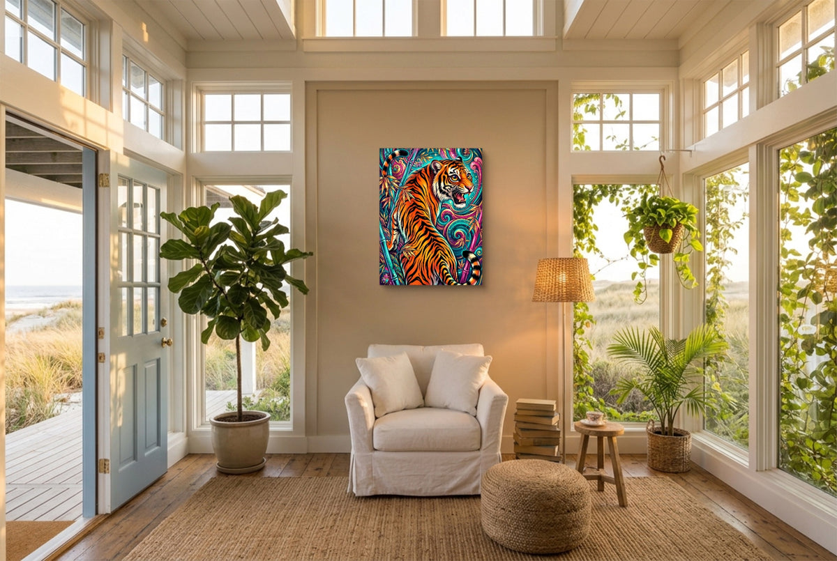 Tiger's Psychedelic Realm — tiger's psychedelic realm living room with plants 1port flush print