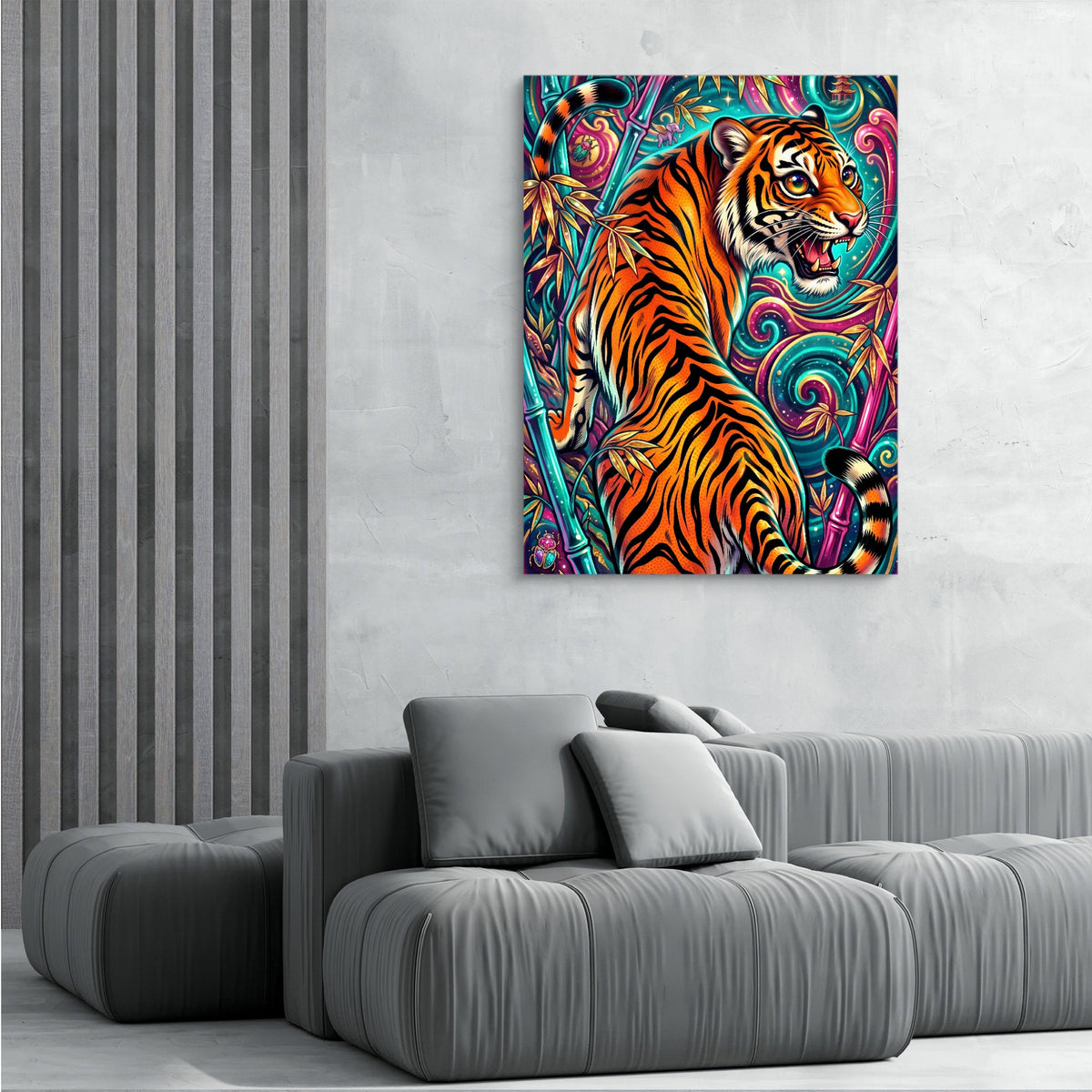 Tiger's Psychedelic Realm — tiger's psychedelic realm sq grey room 2 1port flush print