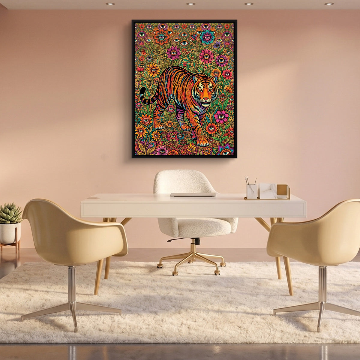 Tiger Through Watching Eyes — tiger through watching eyes sq pink office 1port framed black