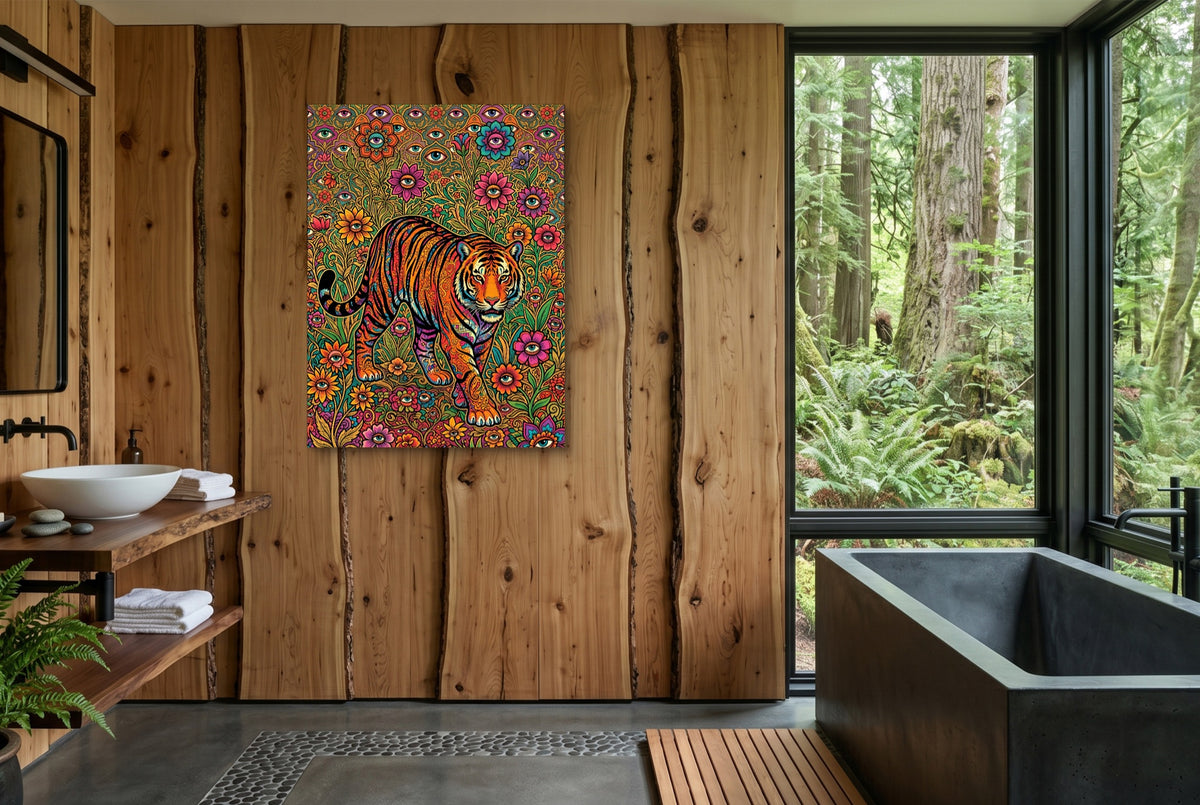 Tiger Through Watching Eyes — tiger through watching eyes wooden bathroom with window 1port flush print