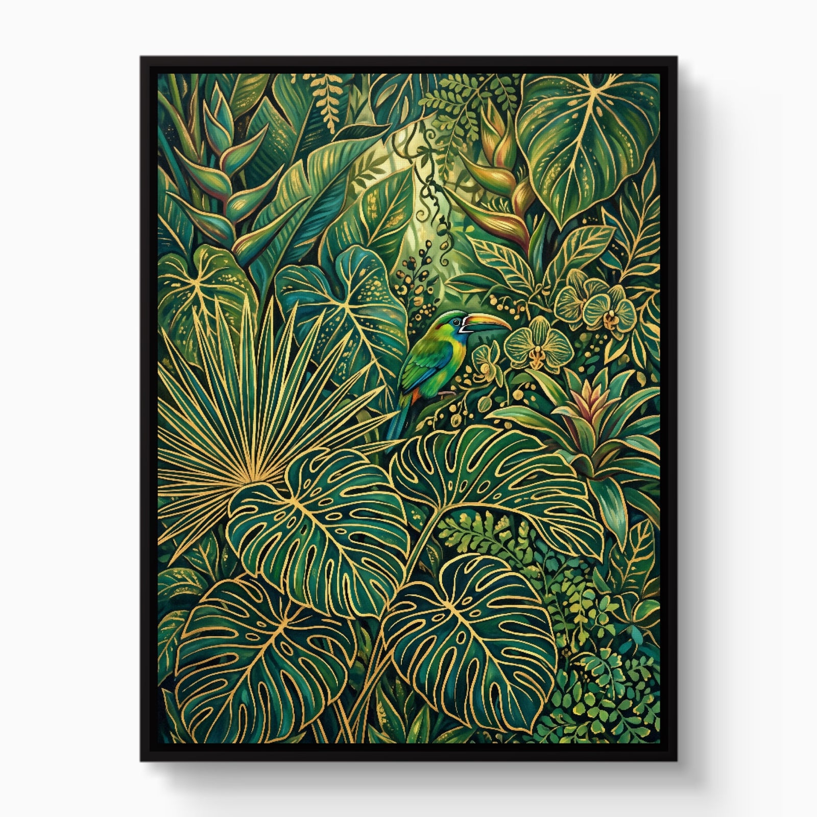 Toucan Jungle Gold — toucan jungle gold white studio framed black