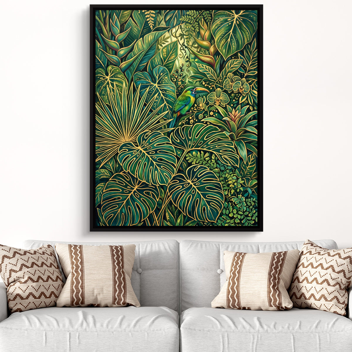 Toucan Jungle Gold — toucan jungle gold sq white groovy couch close 1port framed black
