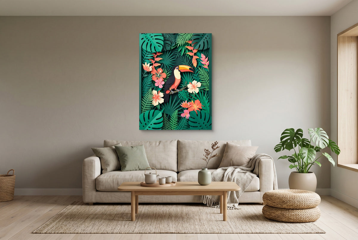 Toucan Papercut — toucan papercut living room interior view 2 1port flush print