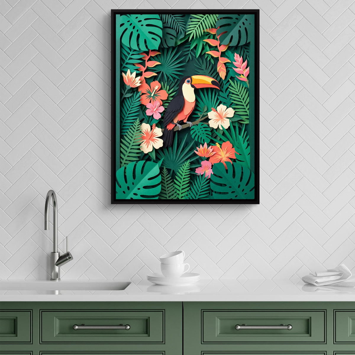 Toucan Papercut — toucan papercut sq green kitchen 1port framed black