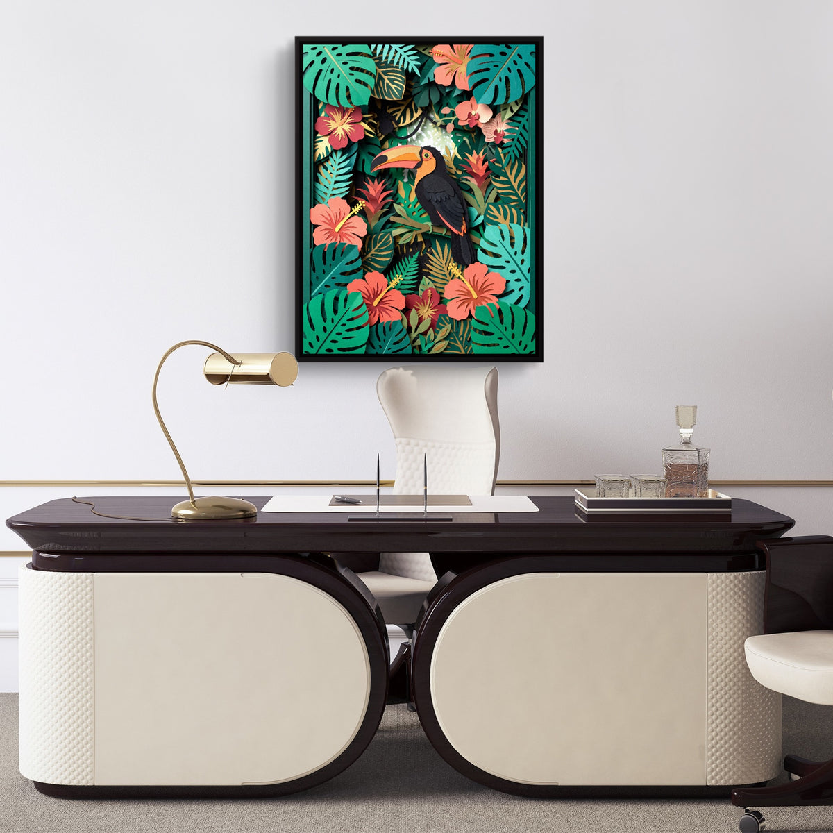 Toucan Tropical Papercut — toucan tropical papercut sq luxury office desk 1port framed black