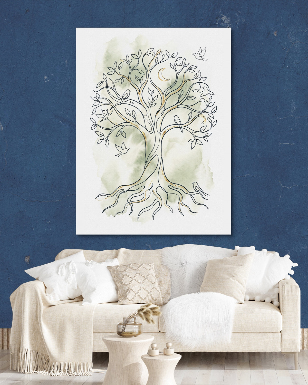 Tree Birds Moonlight — tree birds moonlight psd navy wall white lux couch 1port flush print