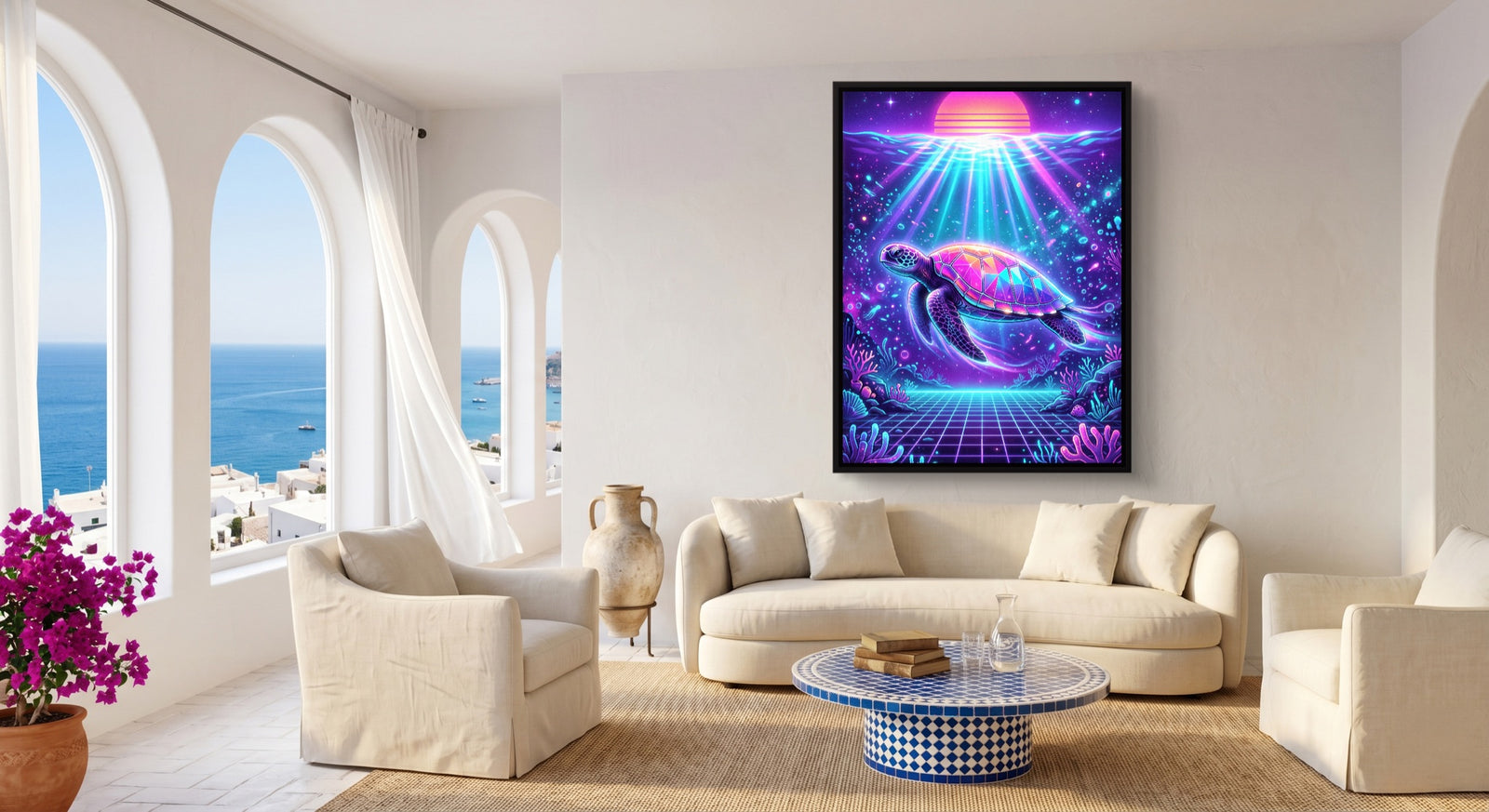 Turtle Neon Horizon — turtle neon horizon white studio framed black
