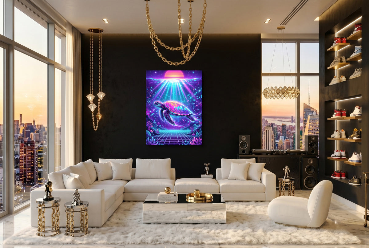 Turtle Neon Horizon — turtle neon horizon modern living room interior 2 1port flush print