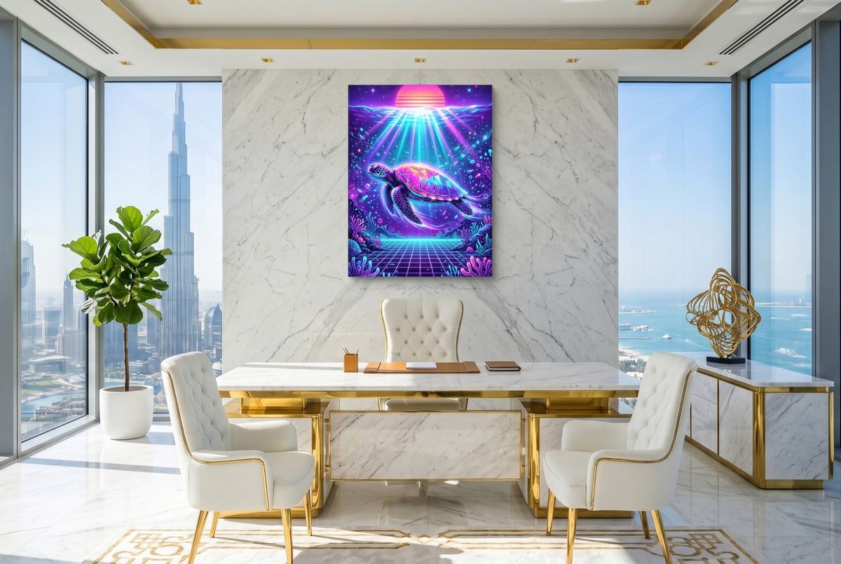 Turtle Neon Horizon — turtle neon horizon office with city view 2 1port flush print
