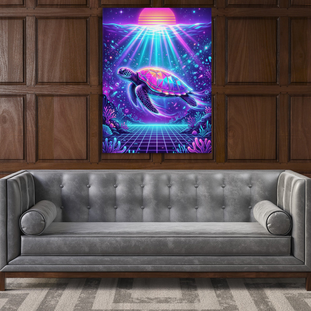 Turtle Neon Horizon — turtle neon horizon sq luxury wood walls 1port flush print