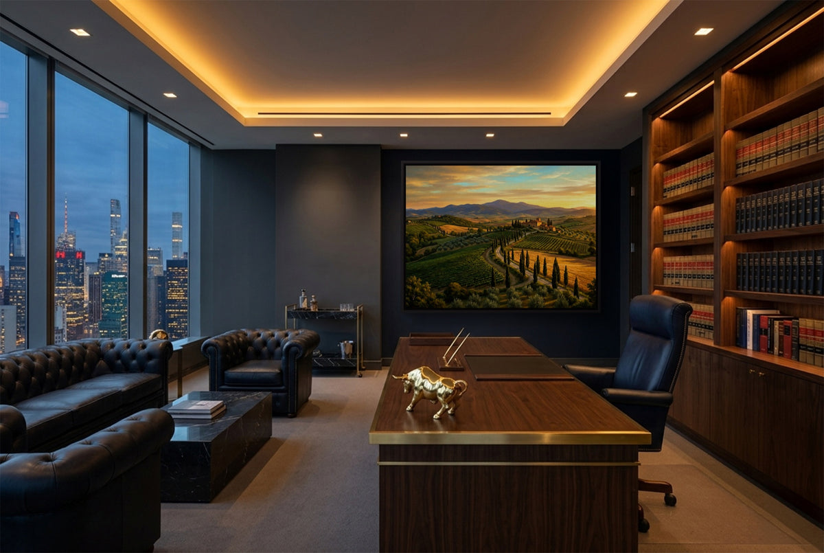 Tuscan Countryside Golden — tuscan countryside golden office with city view 4 1land framed black