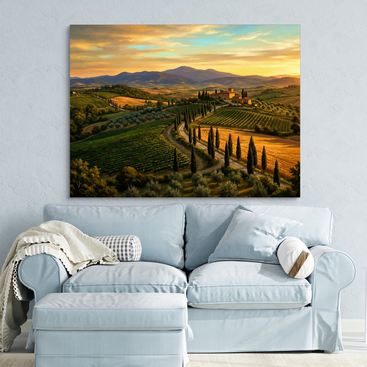 Tuscan Countryside Golden — tuscan countryside golden sq blue pastel couch 1land flush print