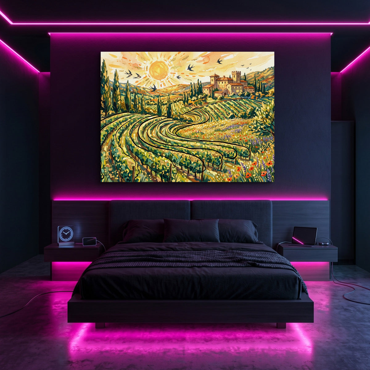 Tuscan Vineyard Sunrise — tuscan vineyard sunrise sq pink neon room 1land flush print
