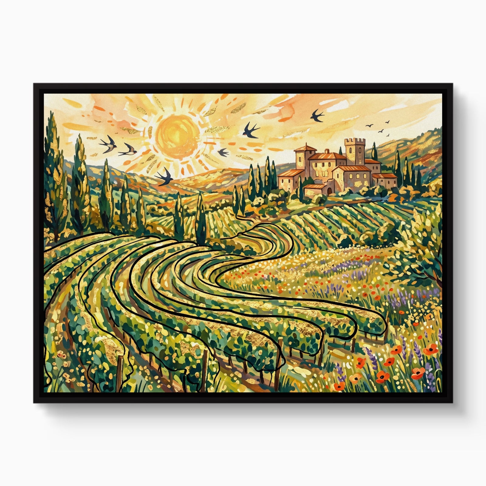 Tuscan Vineyard Sunrise — tuscan vineyard sunrise white studio framed black