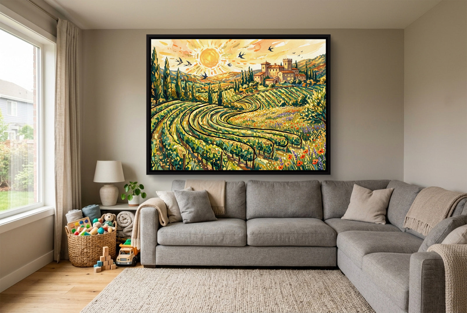Tuscan Vineyard Sunrise — tuscan vineyard sunrise white studio framed black