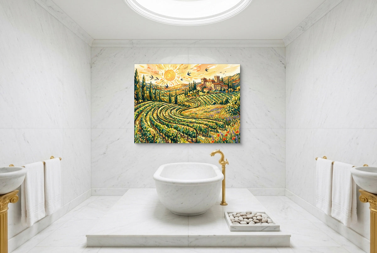Tuscan Vineyard Sunrise — tuscan vineyard sunrise luxury bathroom interior 2 1land flush print