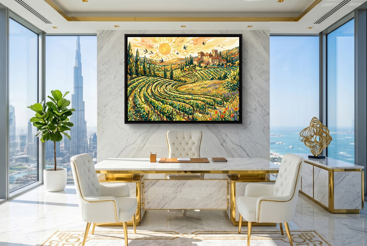 Tuscan Vineyard Sunrise — tuscan vineyard sunrise office with city view 2 1land framed black