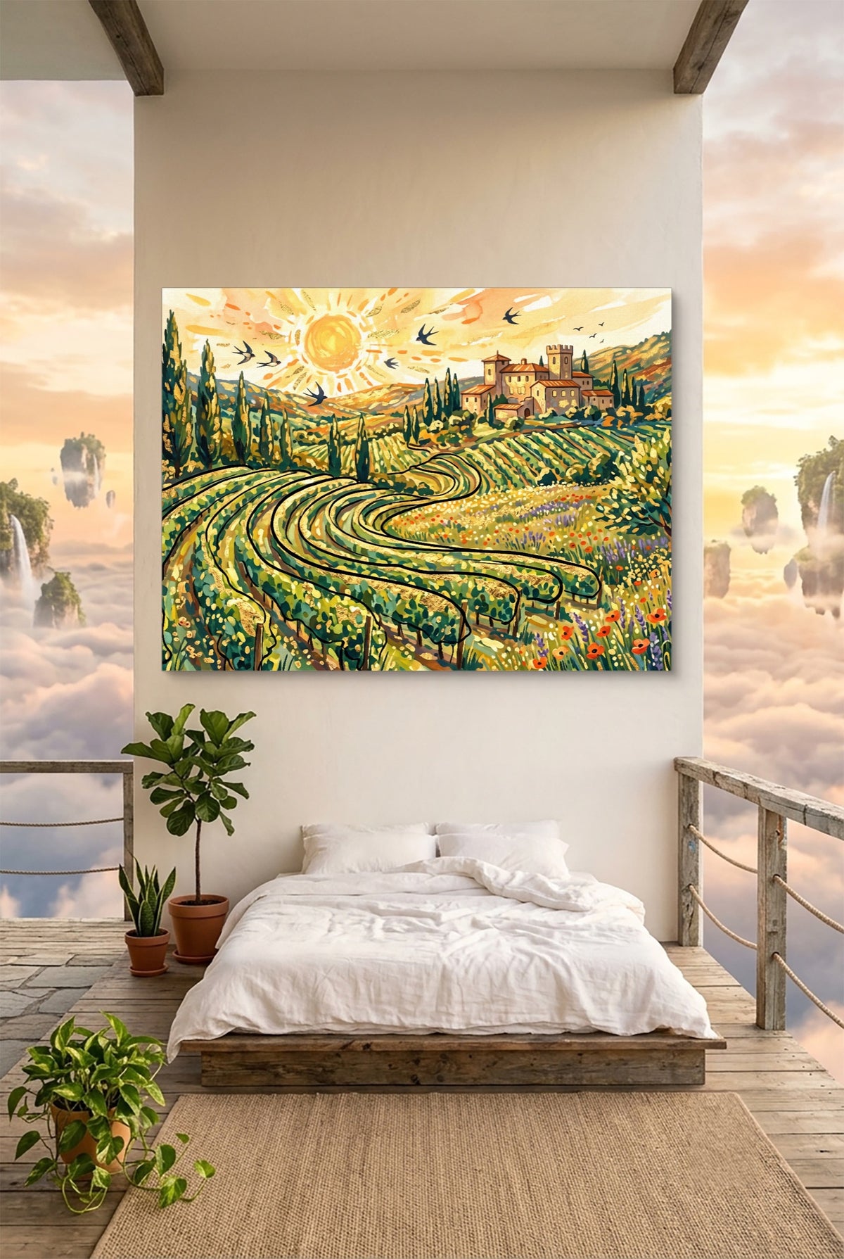 Tuscan Vineyard Sunrise — tuscan vineyard sunrise p bedroom with view 1land flush print