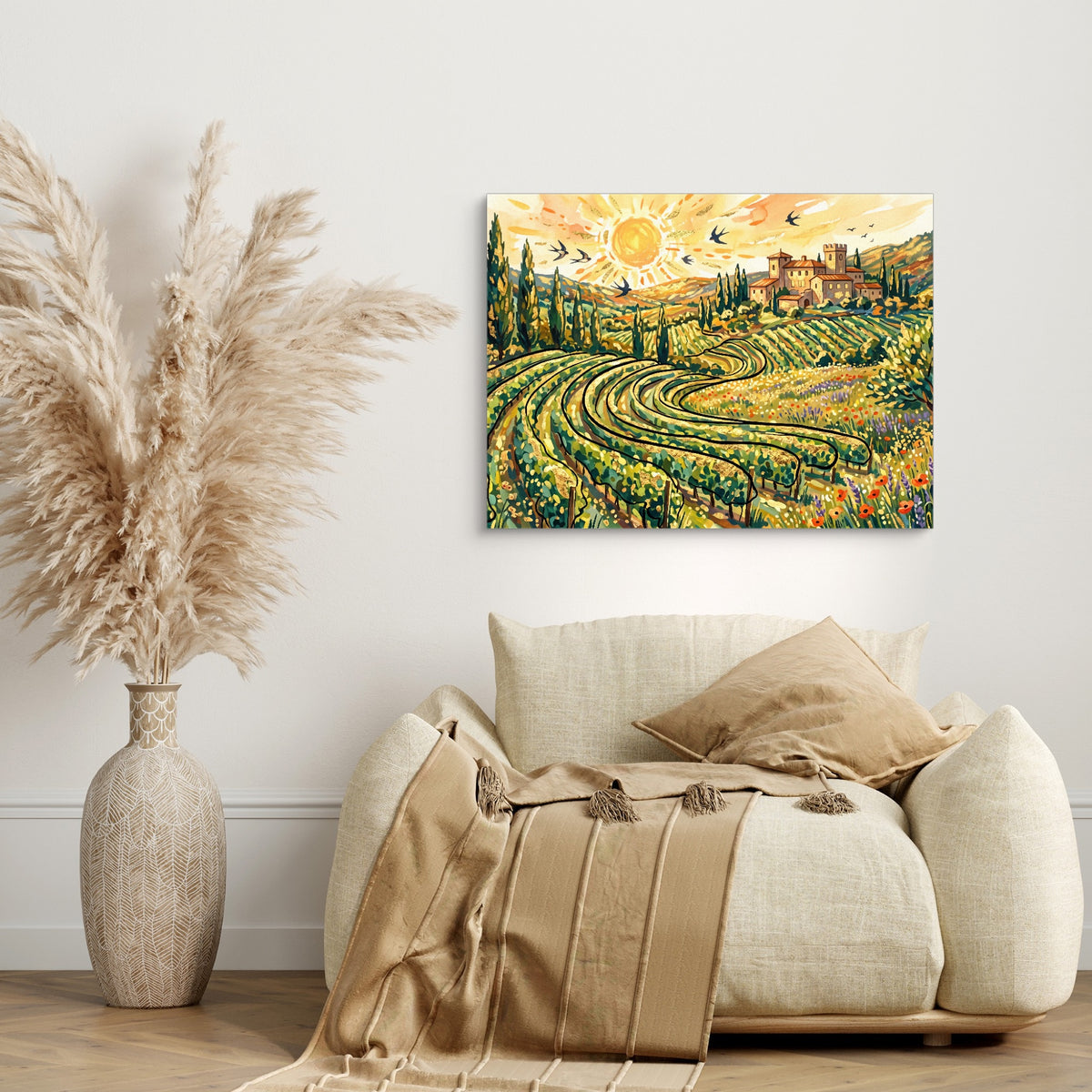 Tuscan Vineyard Sunrise — tuscan vineyard sunrise sq beige couch 1land flush print