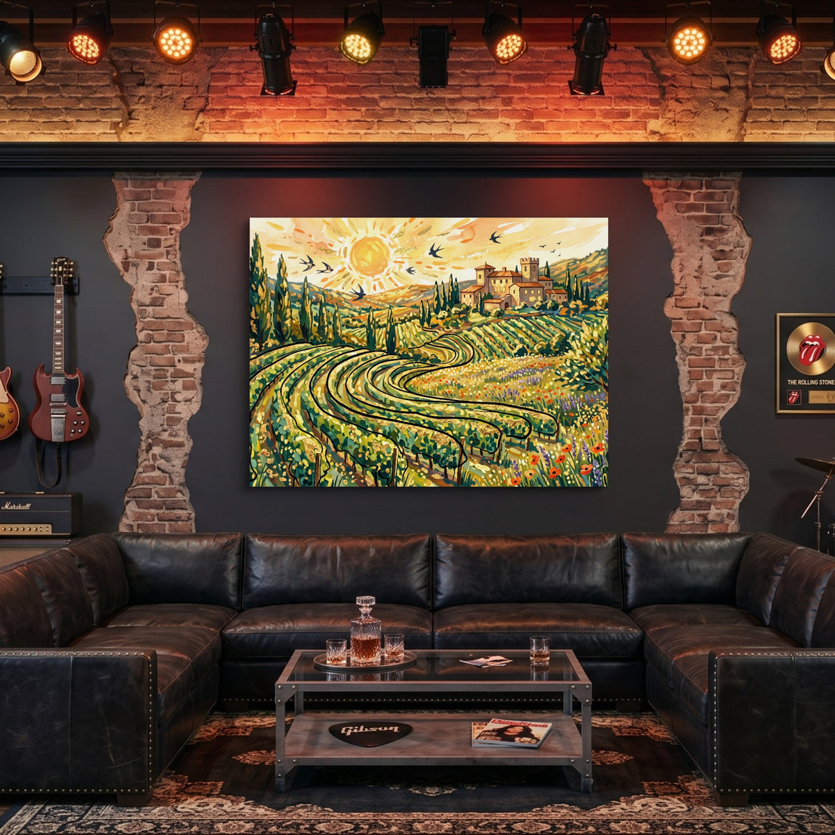 Tuscan Vineyard Sunrise — tuscan vineyard sunrise sq man cave guitar 1land flush print