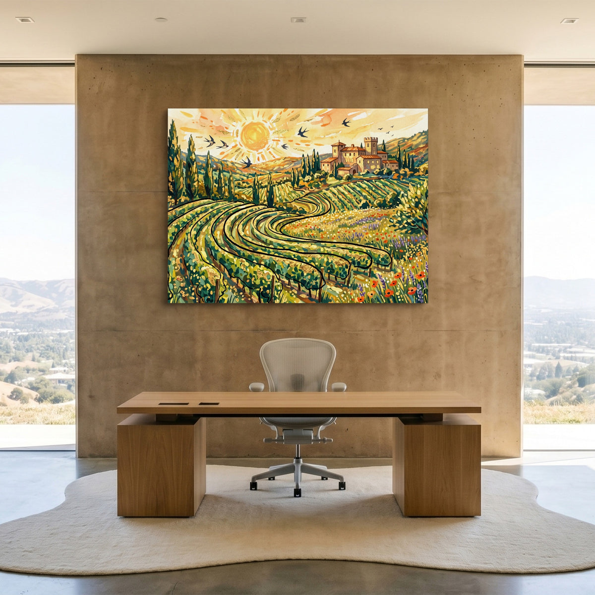 Tuscan Vineyard Sunrise — tuscan vineyard sunrise sq minimalist lux office 1land flush print