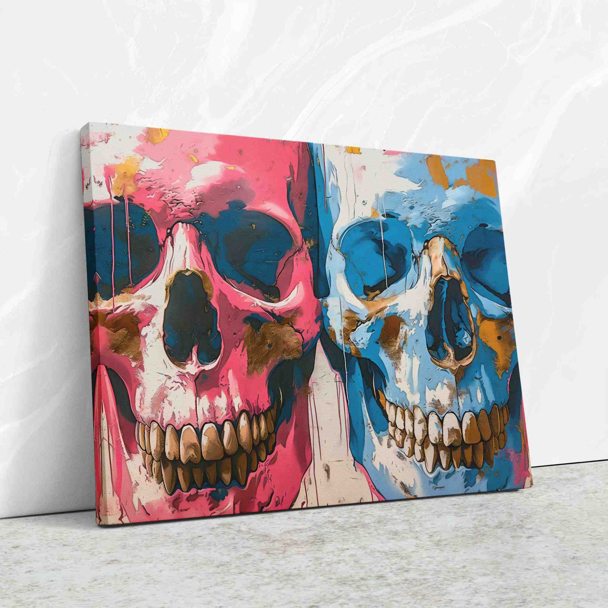 Twin Skulls Modern Art | Macabre Canvas Wall Print