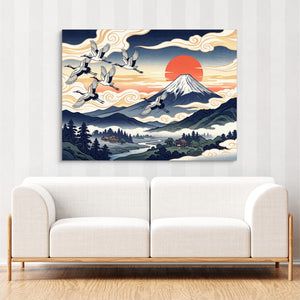 Ukiyo Fuji Cranes — ukiyo fuji cranes sq cute couch cbrown couch 1land flush print