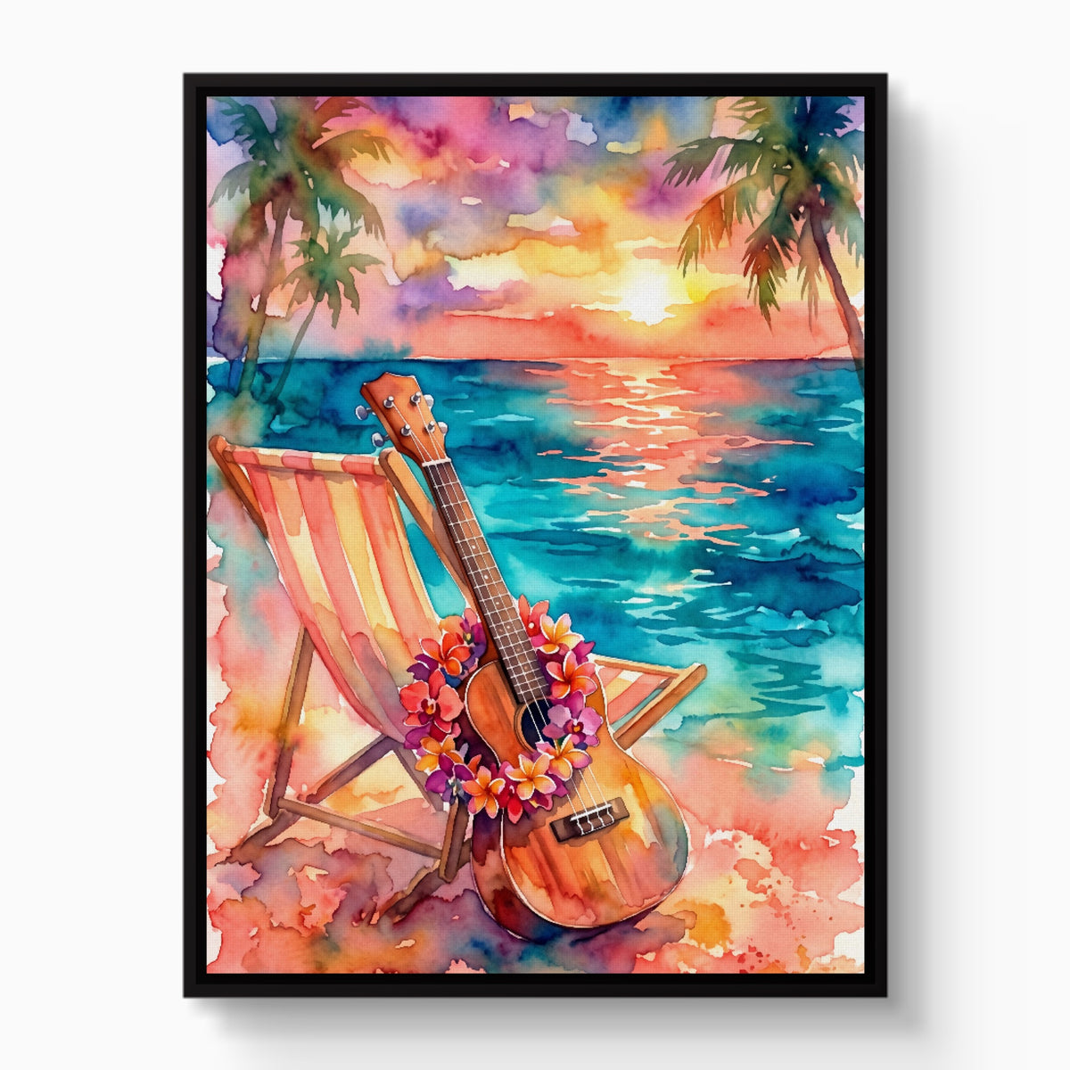 Ukulele Beach Sunset — ukulele beach sunset white studio framed black