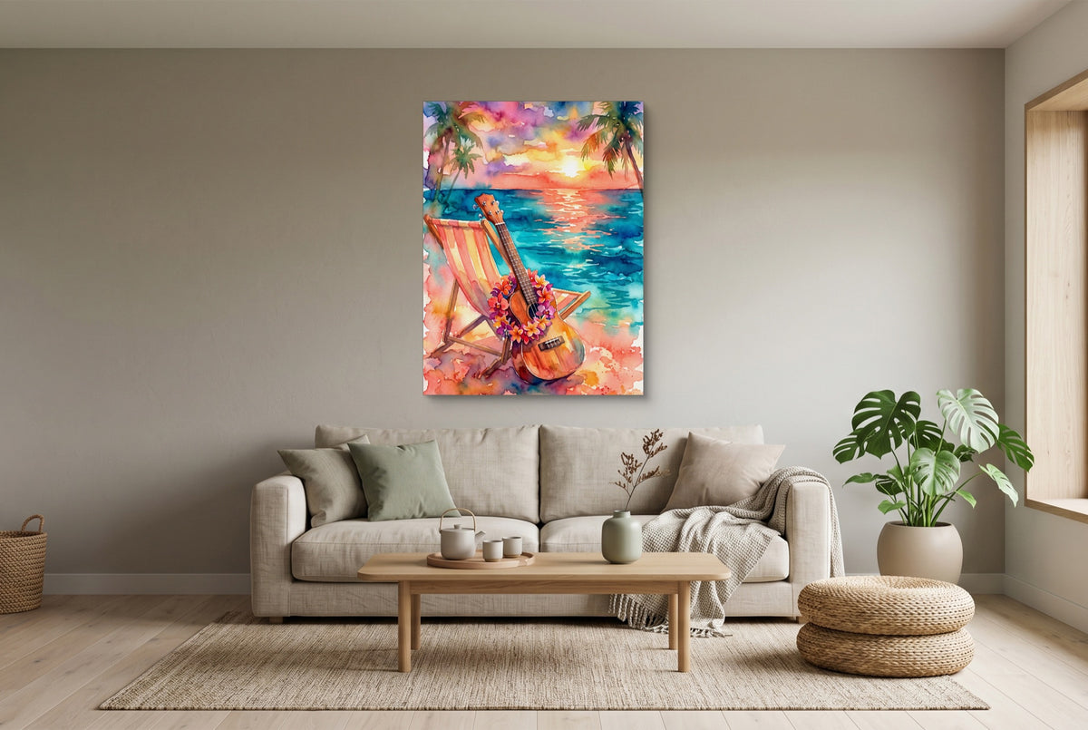 Ukulele Beach Sunset — ukulele beach sunset living room interior view 2 1port flush print