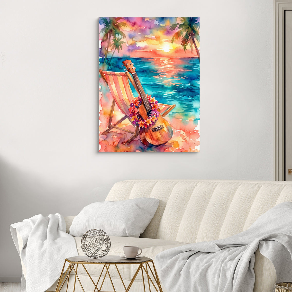 Ukulele Beach Sunset — ukulele beach sunset sq luxury white room 1port flush print
