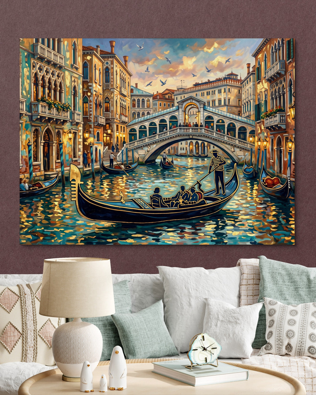 Venice Golden Evening — venice golden evening psd burgundy clock couch 1land flush print