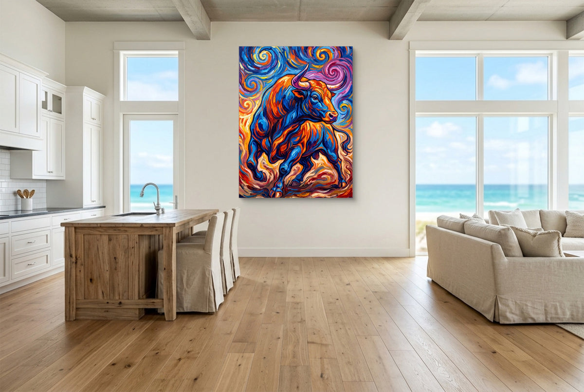 Vibrant Bull Swirl — vibrant bull swirl living room with ocean view 2 1port flush print