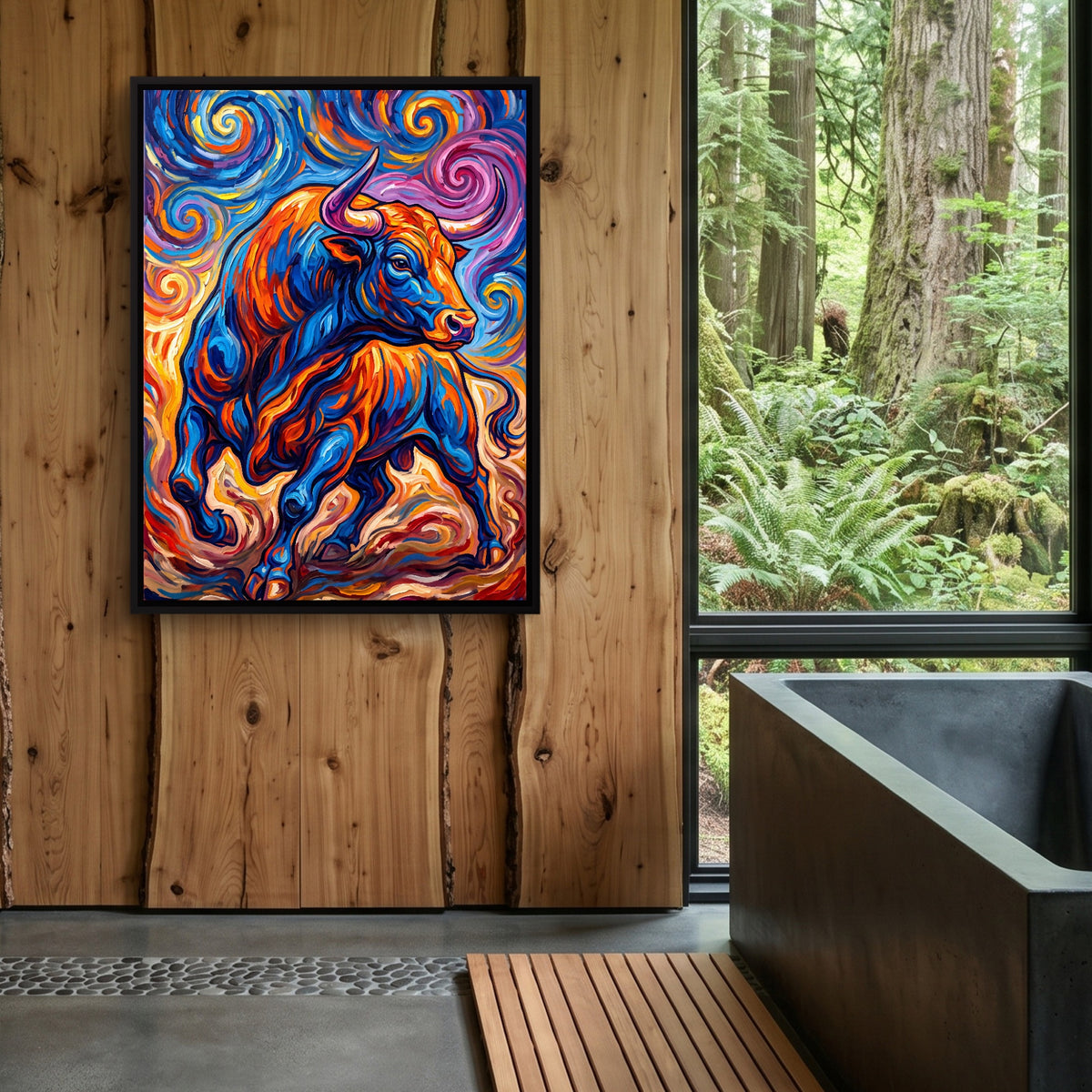 Vibrant Bull Swirl — vibrant bull swirl sq outdoor bathroom log 1port framed black