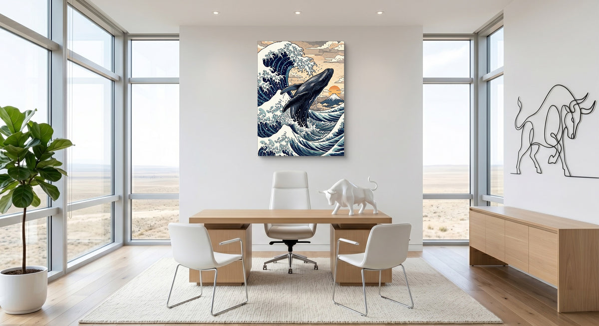 Whale Breaching Fuji Peak — whale breaching fuji peak office space with furniture 1port flush print