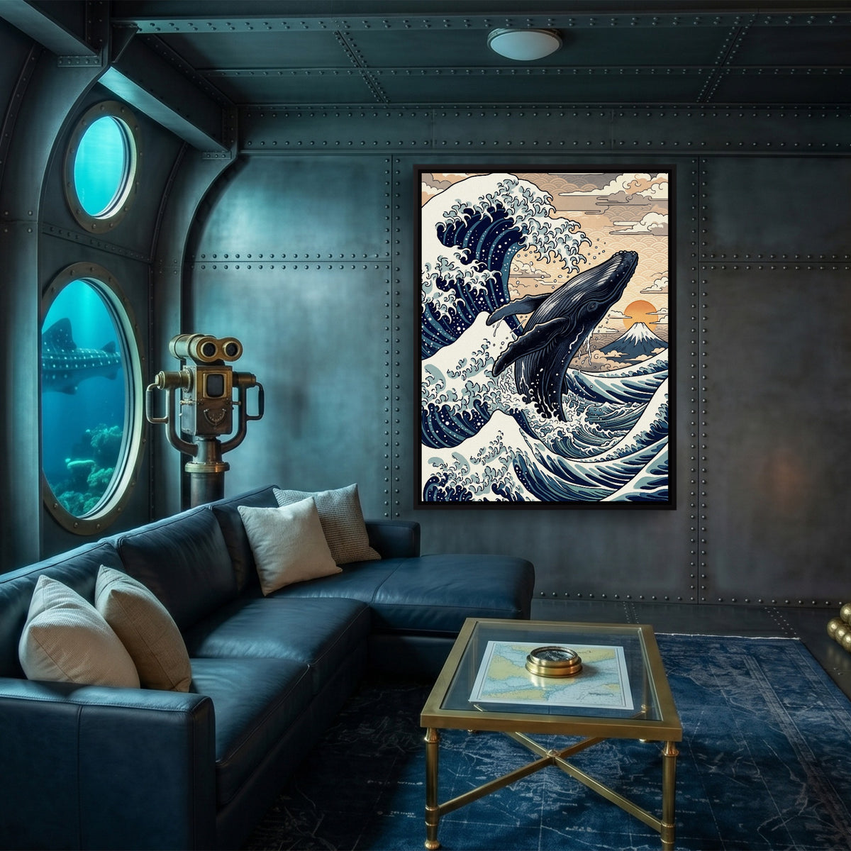Whale Breaching Fuji Peak — whale breaching fuji peak sq submarine wall 1port framed black