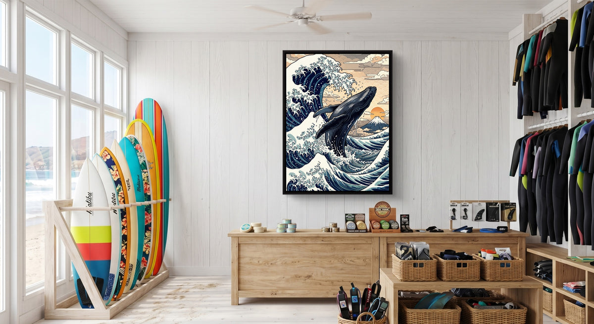 Whale Breaching Fuji Peak — whale breaching fuji peak surf shop 1port framed black