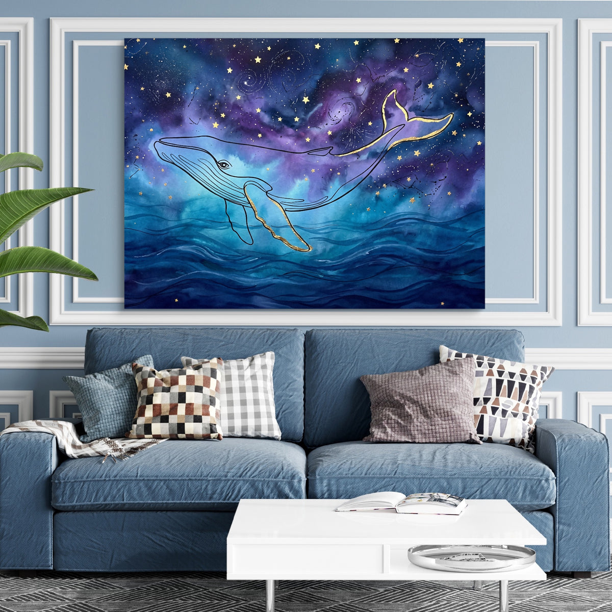 Whale Cosmic Ocean — whale cosmic ocean sq blue room and walls 1land flush print