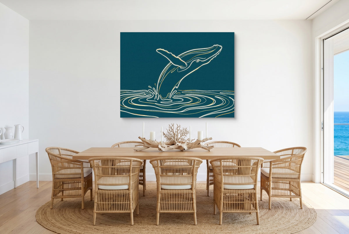 Whale Golden Breach — whale golden breach small dining room with ocean view 1land flush print