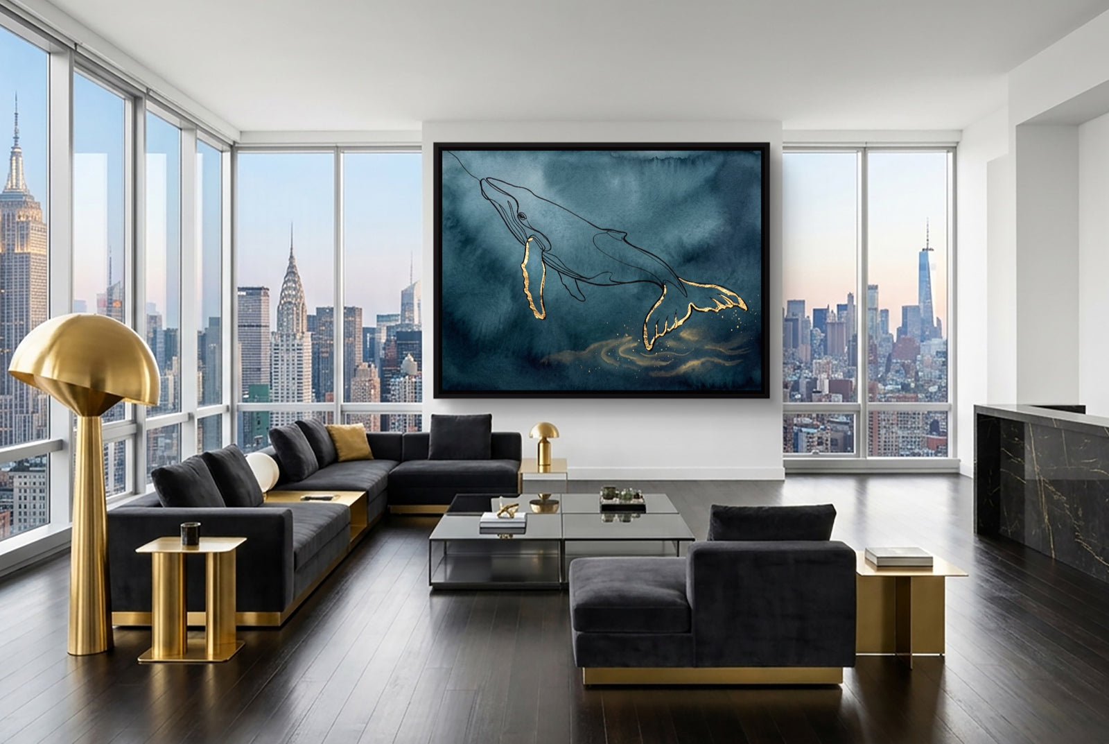 Whale Golden Depths — whale golden depths white studio framed black