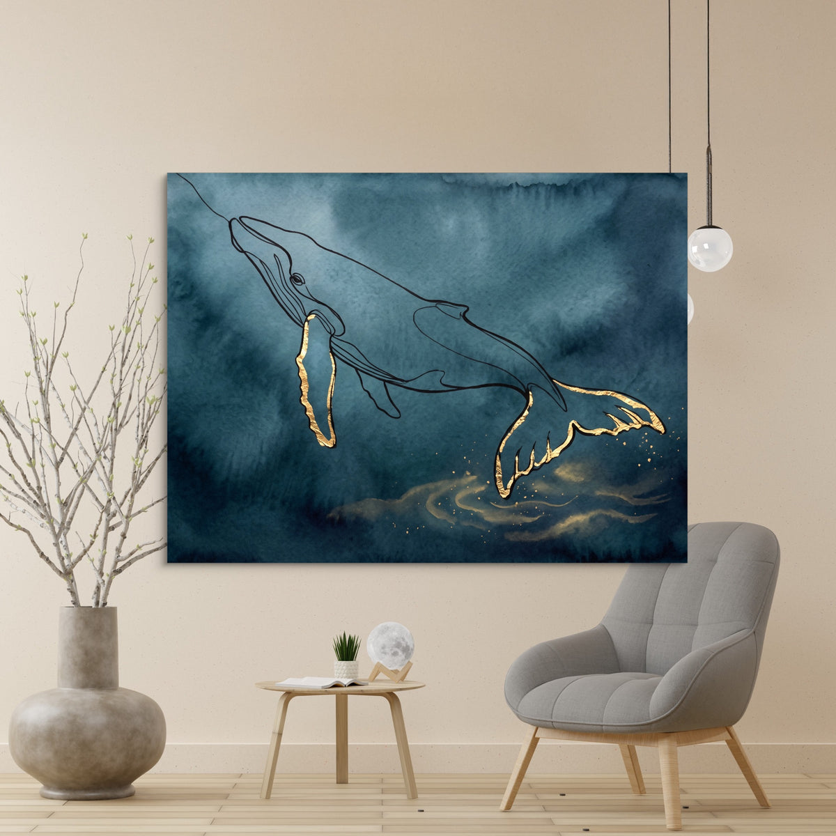 Whale Golden Depths — whale golden depths sq beige wall 1land flush print