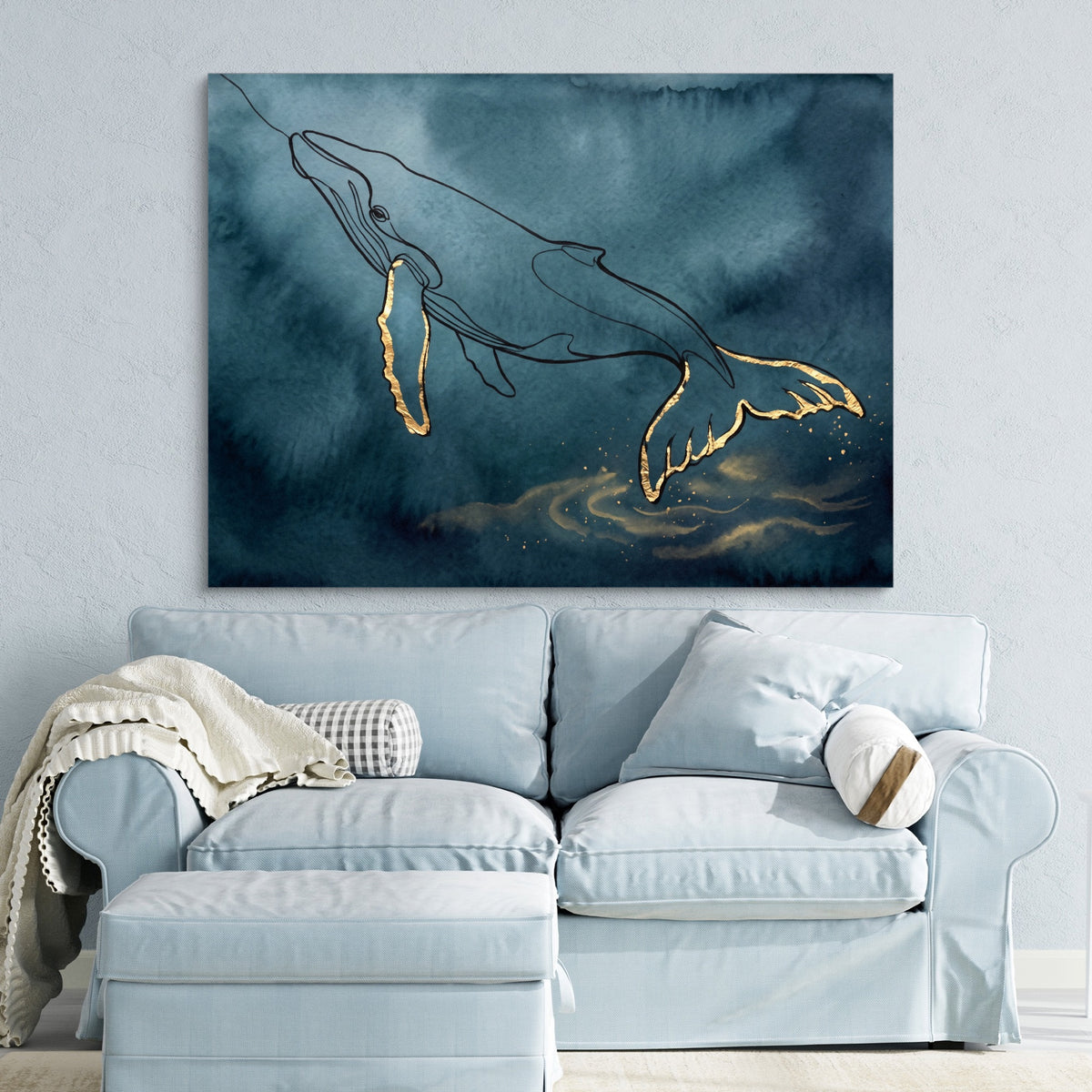 Whale Golden Depths — whale golden depths sq blue pastel couch 1land flush print