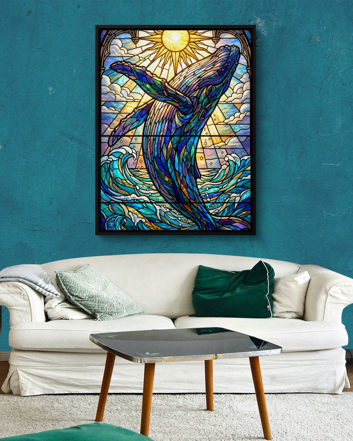 Whale's Ascent — whale's ascent psd aqua wall white couch 1port framed black