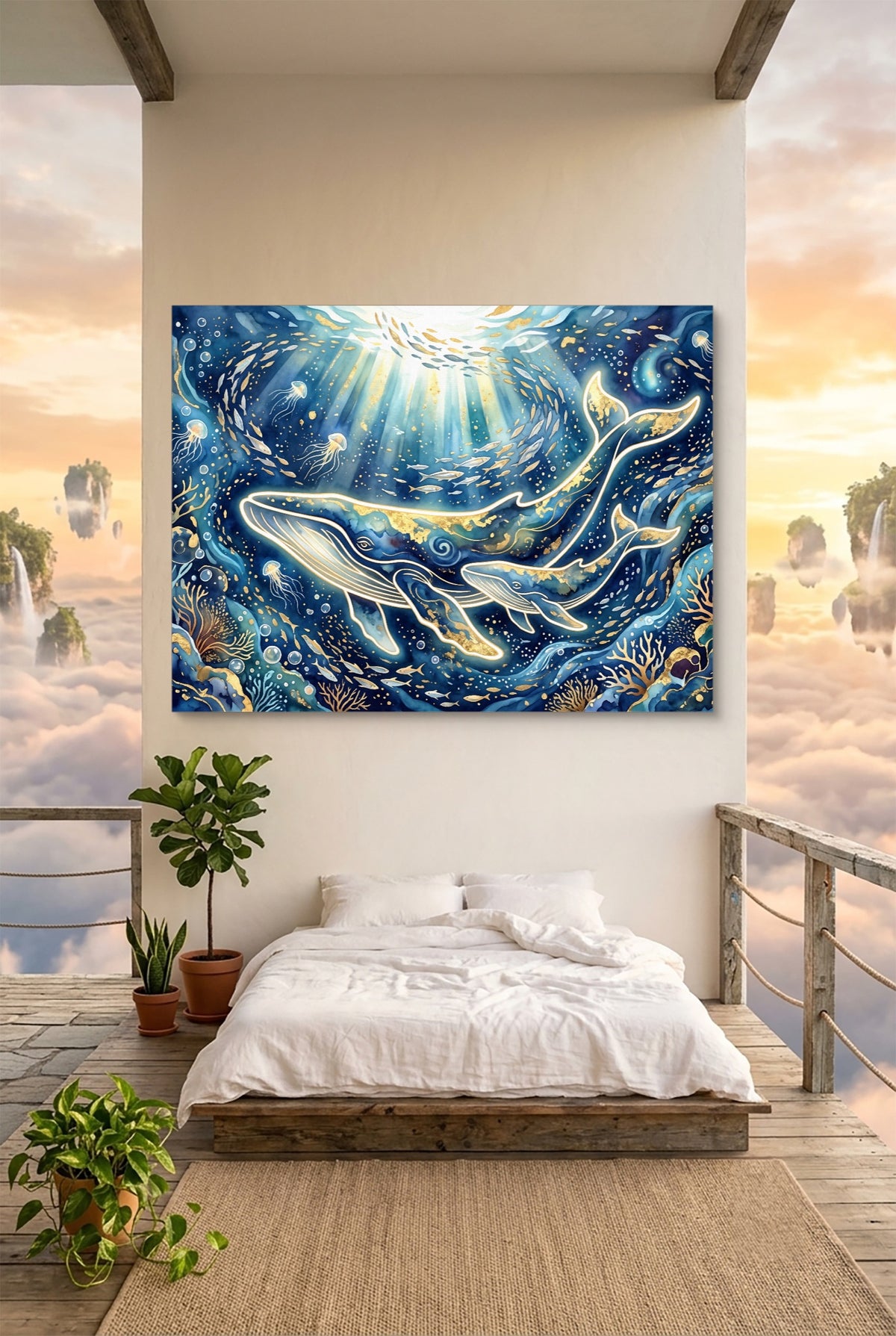 Whales Golden Glow — whales golden glow p bedroom with view 1land flush print