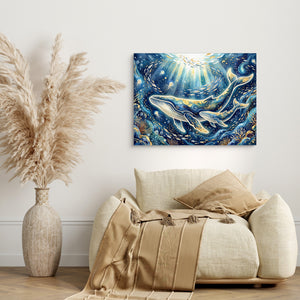 Whales Golden Glow — whales golden glow sq beige couch 1land flush print