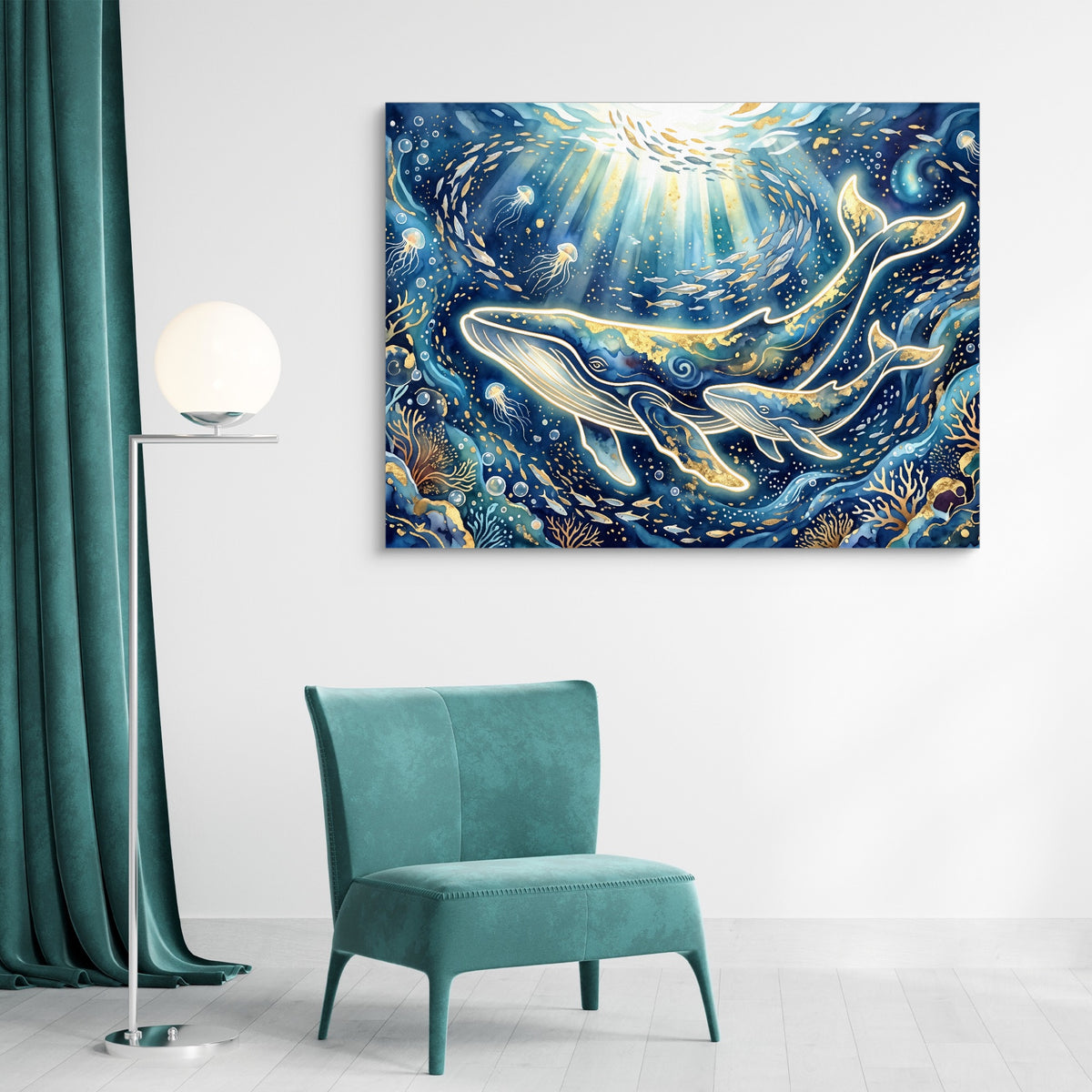 Whales Golden Glow — whales golden glow sq green light 1land flush print