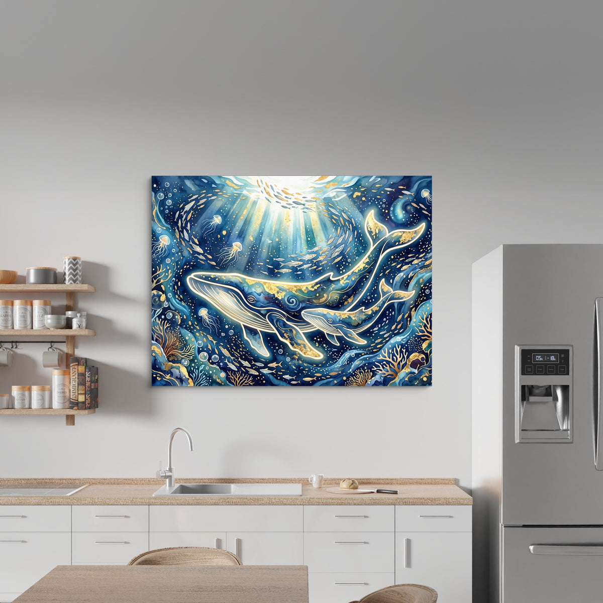 Whales Golden Glow — whales golden glow sq kitchen wall 1land flush print