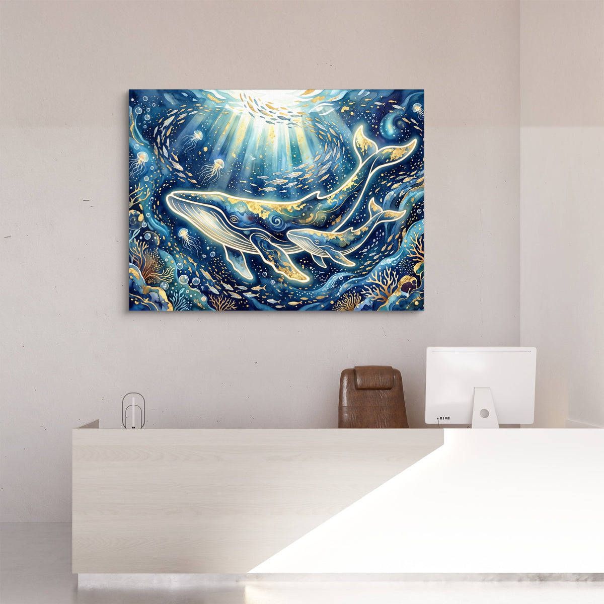 Whales Golden Glow — whales golden glow sq reception desk 1land flush print