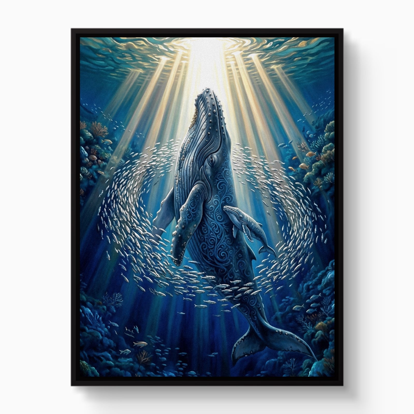 Whales Sunlit Depths — whales sunlit depths white studio framed black
