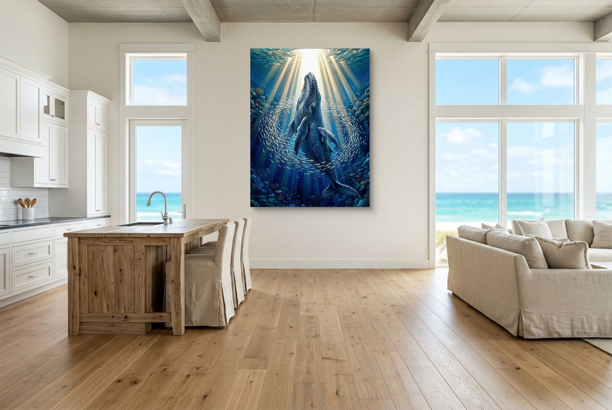 Whales Sunlit Depths — whales sunlit depths living room with ocean view 2 1port flush print